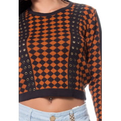 Blusa tricot cropped quadriculado ilhós Blusa tricot cropped quadriculado ilhós